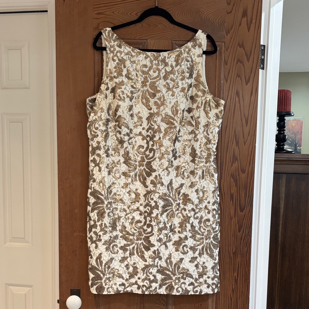 Ralph Lauren Cream and Gold Sequined Evening  Dress. Size 18